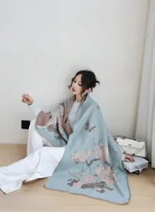 Sciarpa scialle spessa donna autunno inverno vintage stampa floreale farfalla blu marrone caldo