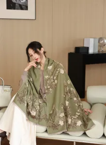 Winter thick women shawl scarf, elegant olive green floral jacquard cashmere feel fringe wrap.