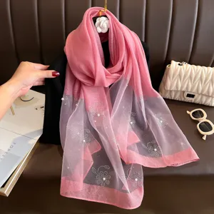 Pink rhinestone floral silk scarf women beaded elegant shawl wrap for evening dress and party