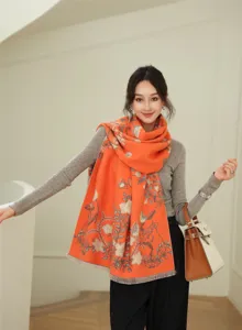 Winter thick jacquard orange scarf shawl with fringe, elegant floral design for women.