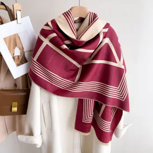 Damen verdickter doppelseitig bedruckter Kaschmirimitat Schal, eleganter geometrischer Winterschal.