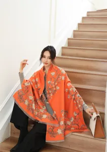 Orange floral jacquard fringe cashmere-feel shawl winter warm wrap scarf for women.