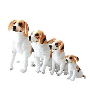 Set of 4 cute beagle plush toys in different sizes, realistic stuffed dog figures for kids.