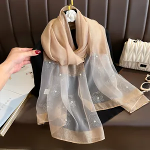 Elegant sheer pearl rhinestone floral scarf, delicate evening dress qipao shawl wrap.