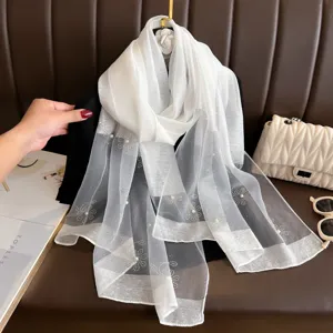 White sheer floral scarf detail, rhinestone and pearl embellished shawl for evening dress.