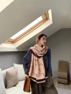 Cozy winter cashmere-feel jacquard fringed scarf and shawl for women, elegant daily wear.
