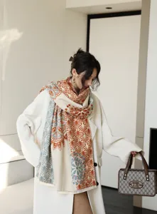 Winter thick imitation cashmere scarf for women, vintage floral print warm shawl and wrap.