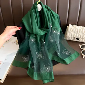 Elegant dark green silk scarf with rhinestone beaded flower for women evening gown.