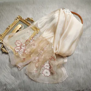 Elegant champagne silk blend scarf with delicate floral embroidery for women and ladies.