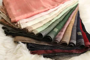 Elegant women silk wool scarf shawl with metallic border and grid design for autumn