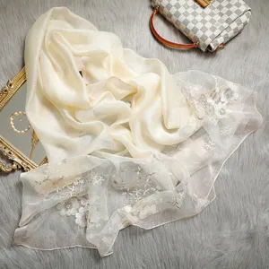 Women Silk Wool Blend Begonia Floral Embroidered Long Scarf Elegant Versatile Sun Protection Shawl Fashion Wrap