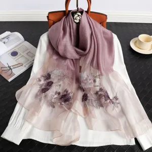 Elegante sciarpa in seta ricamata malva scialle floreale donna autunno inverno stile di lusso