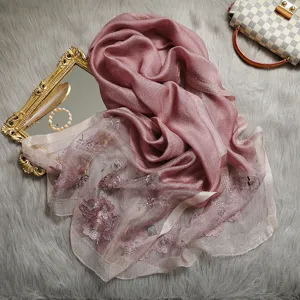 Elegant rose pink embroidered silk blend scarf, versatile floral shawl for women daily wear.