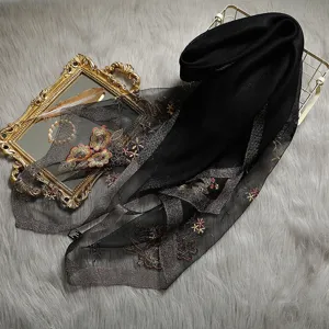 Black floral embroidered silk wool scarf, elegant shawl with delicate begonia details for women.