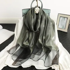 Elegant gradient silk wool scarf with golden stripes, luxury women's fashion shawl wrap.