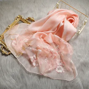 Pink embroidered silk wool blend scarf, elegant floral shawl wrap for women sun protection.