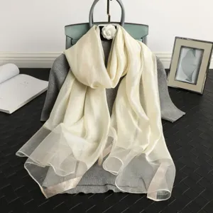 Silk wool scarf elegant women shawl lightweight spring autumn fashion gold grid design soft material