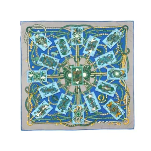 Foulard quadrati di seta blu vintage con stampa di carte e corde di lusso, 90x90 cm.
