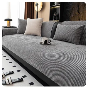 Modern grey chenille striped sofa cover for living room, anti-slip and comfortable home textile.
