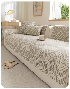 Japanese style imitation cotton linen straight sofa cover anti-slip protector cushion detail shot.