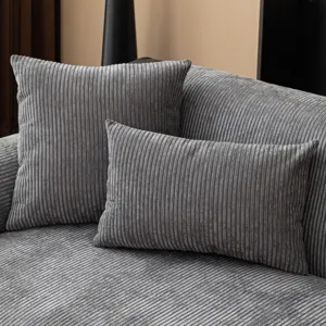 Grey striped chenille sofa cover set with matching cushions, modern living room decor.