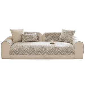 Japanese style cotton linen sofa cover set, premium zig-zag pattern slipcover cushion