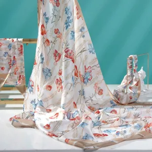 Floral printed lightweight sunscreen fabric detail shot, elegant drape with golden stand display.