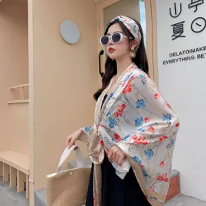 Women Summer Floral Printed Sun Protection Shawl Lightweight Breathable Beach Cardigan Outerwear Fashion Clothing