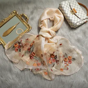 Elegant silk embroidered floral scarf with pearls vintage summer shawl for women accessory