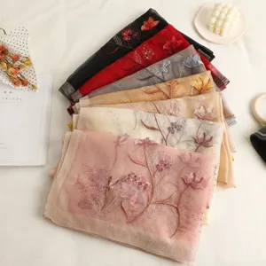 Silk wool lotus embroidered scarf elegant silk floral ethnic shawl versatile fashion wrap