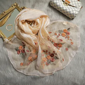 Women Silk Scarf Long Floral Embroidered Pearl Shawl Elegant Mulberry Silk Scarves For Ladies Fashion Accessories