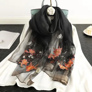 Damen Frühling Herbst Seide Wolle Mischung Langer Schal Elegante Blumen Bestickt Weiche Leichte Tuch