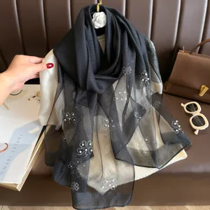 Black sheer polyester long scarf with elegant rhinestone pearl clover patterns for women autumn