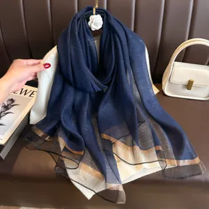 2024 new imitation silk scarf long metallic sparkly shawl thin sun protection beach scarf blue
