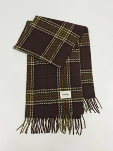 Classic brown plaid winter scarf for women, cozy thickened tassel shawl and casual neckerchief.