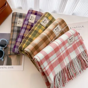 Detail view of stylish plaid tassel winter scarf thick warm retro cute student shawl wrap item.