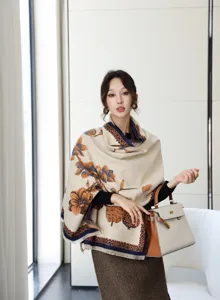 Women's winter thick floral print jacquard shawl, warm versatile fashion apparel accessory.