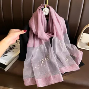 Autumn new solid color simple polyester long scarf with pearls and hot drill decorations.