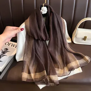 Brown striped long silk scarf for women, elegant autumn and winter fashion shawl wrap.