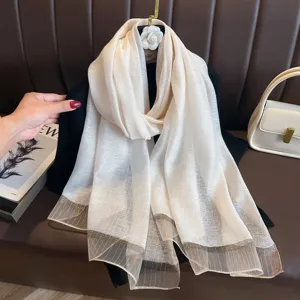 Elegant thin imitation silk scarf for women, long lightweight shawl with stylish metallic stripes.