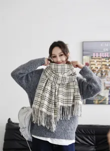 Korean style minimalist grid tassel scarf for women autumn winter warm cozy casual neck wrap