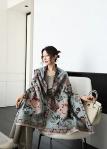 Winter women's double-sided jacquard shawl, thick warm floral print cape for stylish outdoor wear.