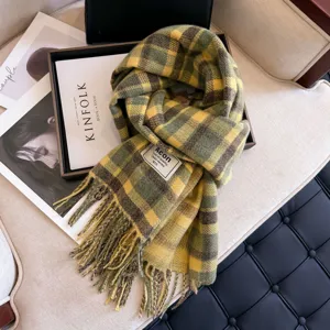 Women Winter Warm Tassel Plaid Scarf Retro Casual Jacquard Long Shawl Soft Polyester Fashion Daily Neck Scarf