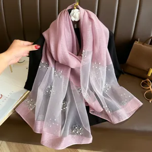 Elegant gradient rhinestone polyester long scarf with pearl floral design for women.