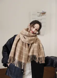 Classic beige plaid scarf for women winter warm thick fringed shawl casual daily wear