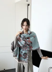 Winter women jacquard shawl scarf detail view, stylish blue printed warm winter wrap apparel.