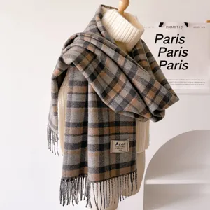 Retro plaid winter scarf with fringe, thick warm shawl for women and daily fashion wear.