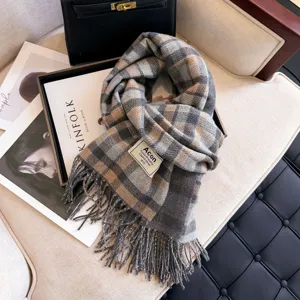 Classic plaid tassel scarf shawl for women, warm winter knitted cozy wrap with fringe detail.