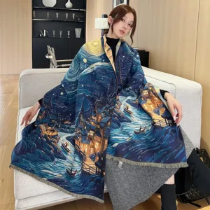 Autumn winter women jacquard woven shawl starry night art design warm thick cashmere feel scarf