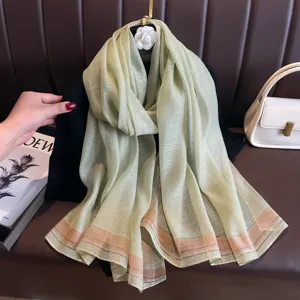 Women long silk feel scarf sage green with striped border elegant fashion neck wrap shawl